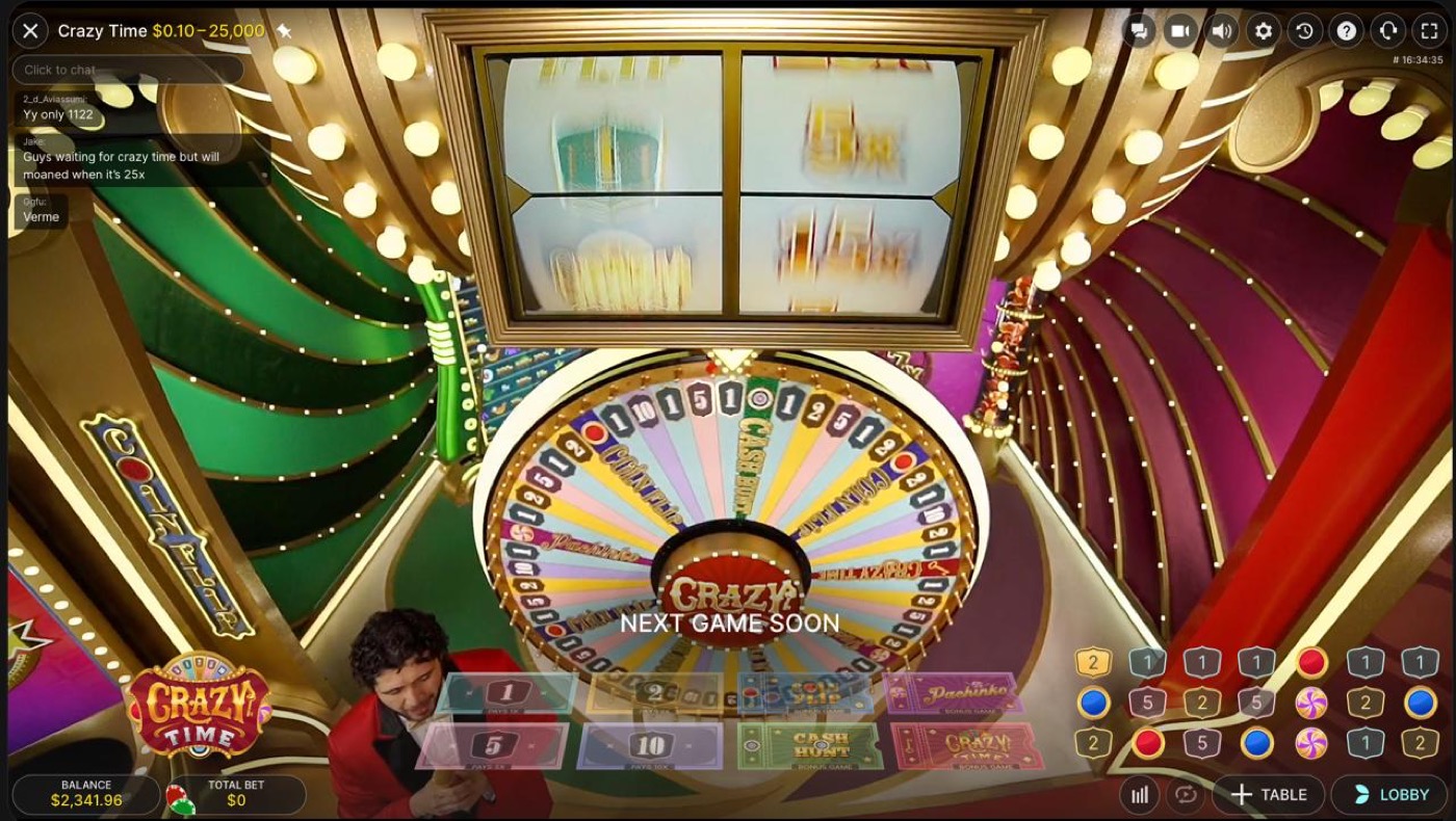 Crazy Time table with the Top Slot screen visible above the main wheel before the next spin