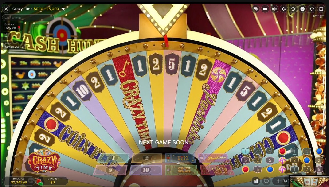 Close-up of the Crazy Time wheel showing the actual segment mix around the center of the table