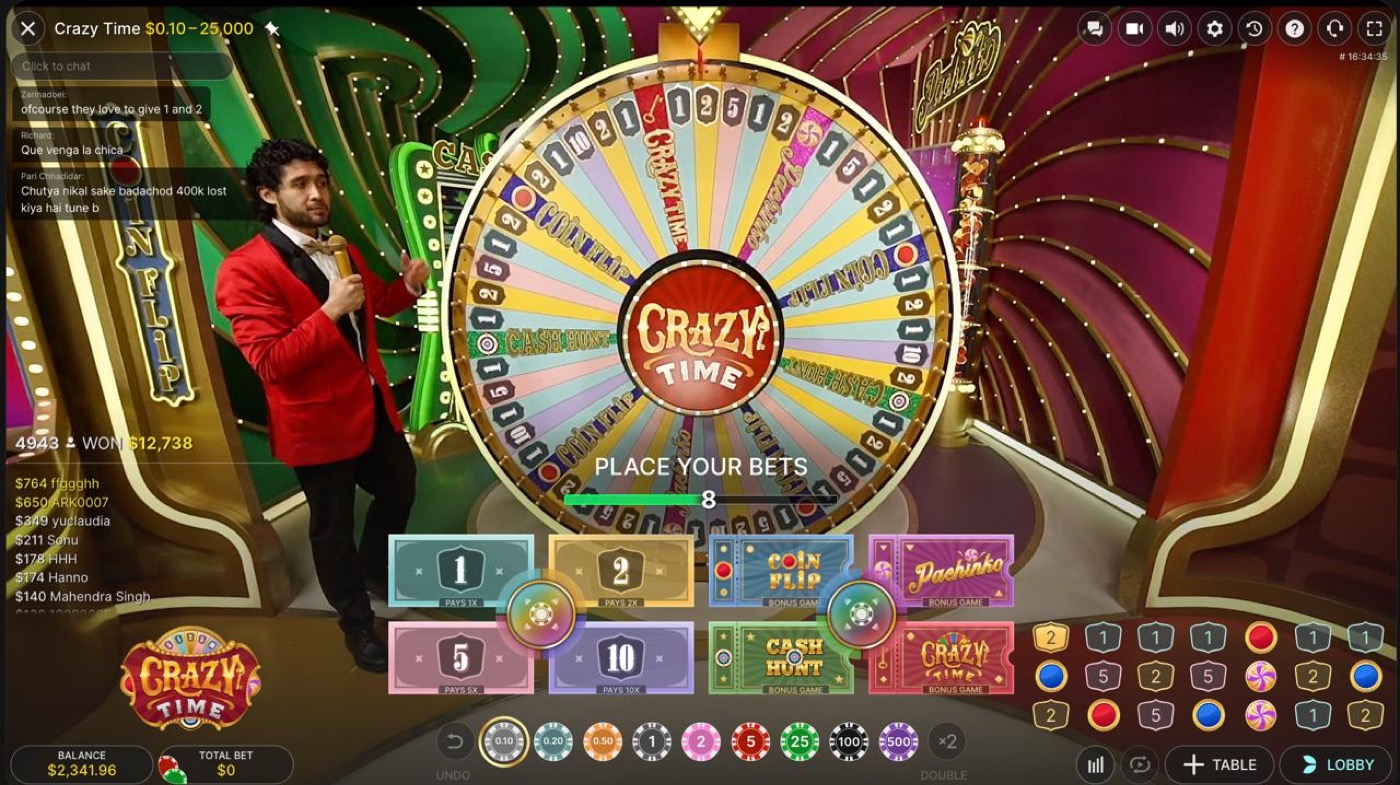 Crazy Time wheel in the live studio during the betting window, showing the actual wheel layout and table interface