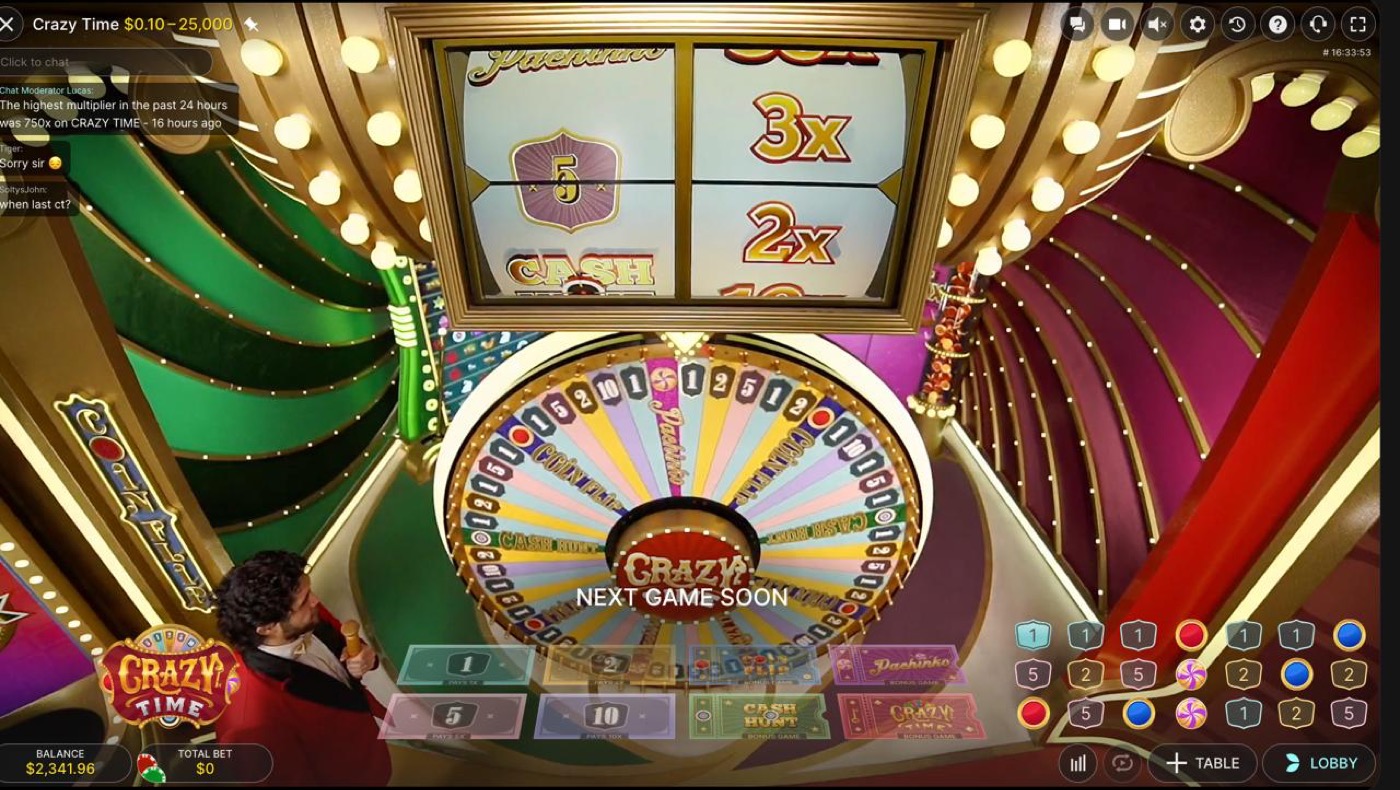 Crazy Time wheel with the Top Slot panel above it, showing the pre-spin setup before the presenter starts the next round